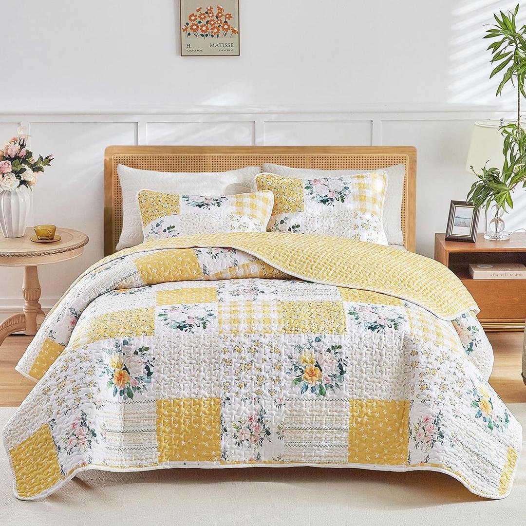 Joyreap 3 Pieces Floral Patchwork Quilt Set Queen, Yellow n White Flowers Design, Soft n Cozy Microfiber Quilt, Bedspread Bed Cover for All Season, 1 Quilt and 2 Pillow Shams- 90x90 inches Joyreap 3 Pieces Floral Patchwork Quilt Set Queen, Yellow n White Flowers Design, Soft n Cozy Microfiber Quilt, Bedspread Bed Cover for All Season, 1 Quilt and 2 Pillow Shams- 90x90 inches