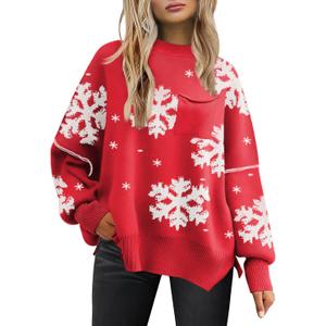 Women's Oversized Sweaters 2025 Crewneck Long Sleeve Batwing Pullover Tops (Red)