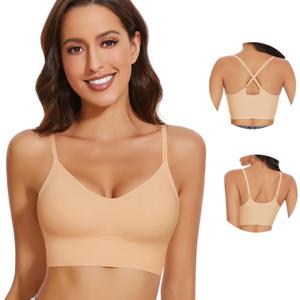 WOWENY Seamless Bra for Womens Comfortable Wireless Bras Adjustable V Neck Bralettes for Women Everyday Padded Bras (Large, Beige)