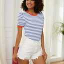 MISSACTIVER Women Striped Color Block T-Shirts Crew Neck Short Puff Sleeve Slim Fit Pullover Shirt Casual Summer Tee Tops (M)