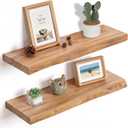 Fun Memories Floating Shelves, 24 Inch Set of 2, Rustic Solid Elm Wood Wall Storage, Mounted Display Shelving with Invisible Heavy-Duty Metal Bracket, Natural