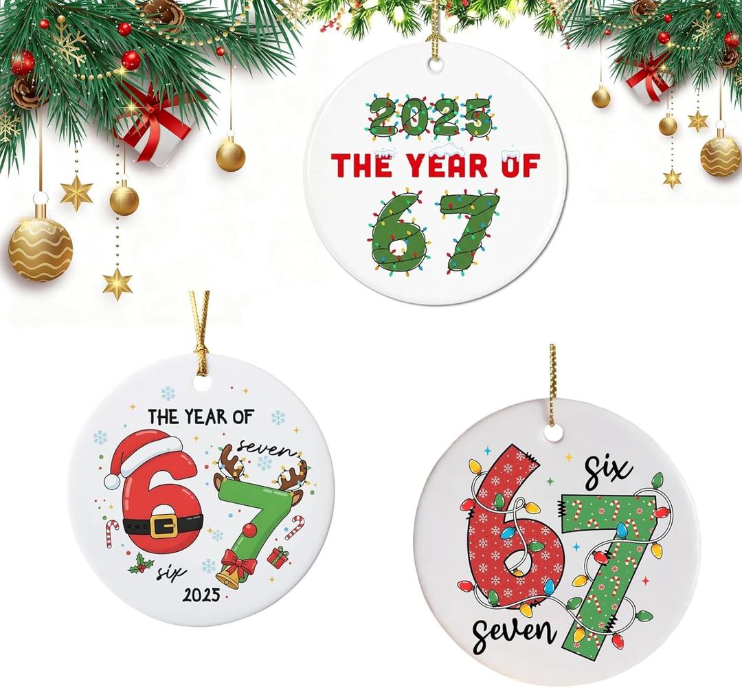 3pcs Six Seven Christmas Ornament，67 Acrylic Ornament, Funny 67 Meme Ornament，Santa Ornaments for Christmas Tree, Funny Teen Gift