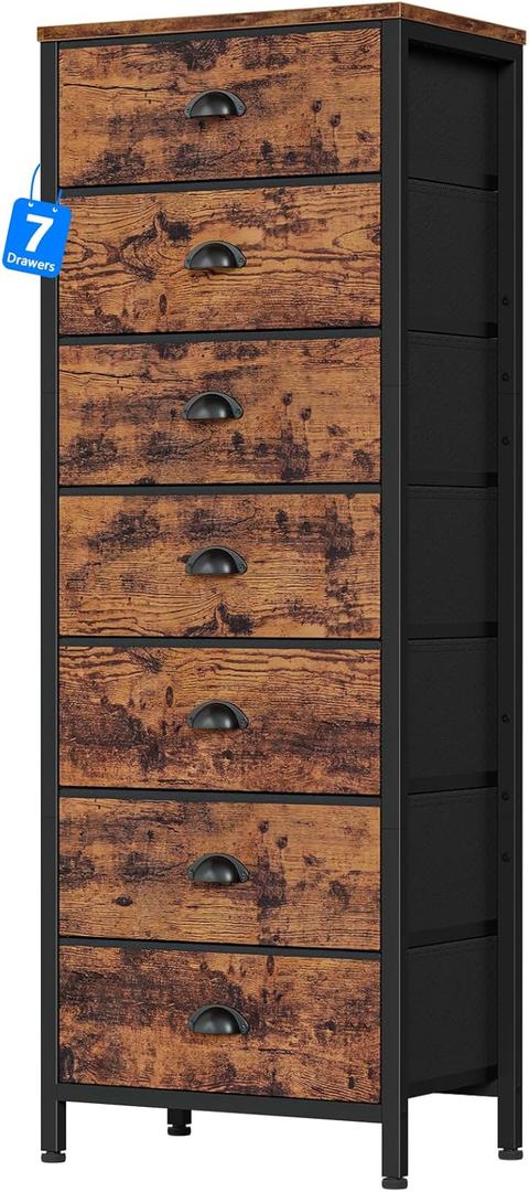 Furnulem Bedroom Dresser with 7 Drawers,Tall Industrial Fabric Chest of Drawers, Vertical Storage Tower Bedside Furniture in Living Room,Closet,Entryway-Sturdy Steel Frame(Rustic Brown) (11.8"D x 15.8"W x 43.3"H (7 Drawers))