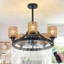 Ceiling Fans with Lights and Remote, Dimmable Low Profile Ceiling Fan with Light, Boho Farmhouse Ceiling Fans with Rattan Shade, 6 Speed Chandelier Ceiling Fan for Bedroom Living Room Kitchen