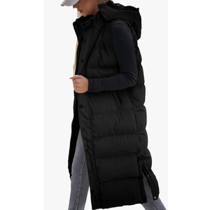 Women's long Quilted Vest hooded sleeveless Button Down puff vest cotton padded jacket winter coat Size S