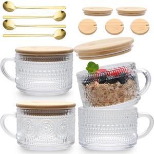 4pcs Overnight Oats Containers with Lids,Vintage Coffee Mugs gifts for women,Glass Cups with Spoons and Bamboo Lids,Great for Coffee, Overnight Oats,Juice. Excellent Choice for Gift Giving,Party