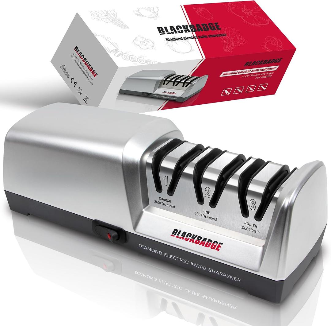 BLACKBADGE Professional Electric Knife Sharpener for Kitchen Knives, 3-Stages Sharpener System with Diamond Abrasives, Quickly Sharpening, Repair/Restore/Polish Blades