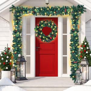 5 Christmas Garland Decorations Set Includes 2 Pcs 6ft Christmas Garland with Lights 19.7" Large Christmas Wreath a Hanger and 1000 Zip Ties for Mantle Stairs Railing Fireplaces