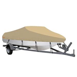 OutdoorLines Waterproof Boat Covers 16-18.5 Ft Long  Camel - Heavy Duty UV Resistant Trailerable Boat Covering for V-Hull, Tri-Hull, Bass, Runabout, Fish&Ski, Pro-Style Fishing Boat (16'-18.5',Beam width up to 94")