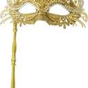 Masquerade Mask with Stick Handheld Venetian Mask Mardi Gras Mask for Women (Gold)