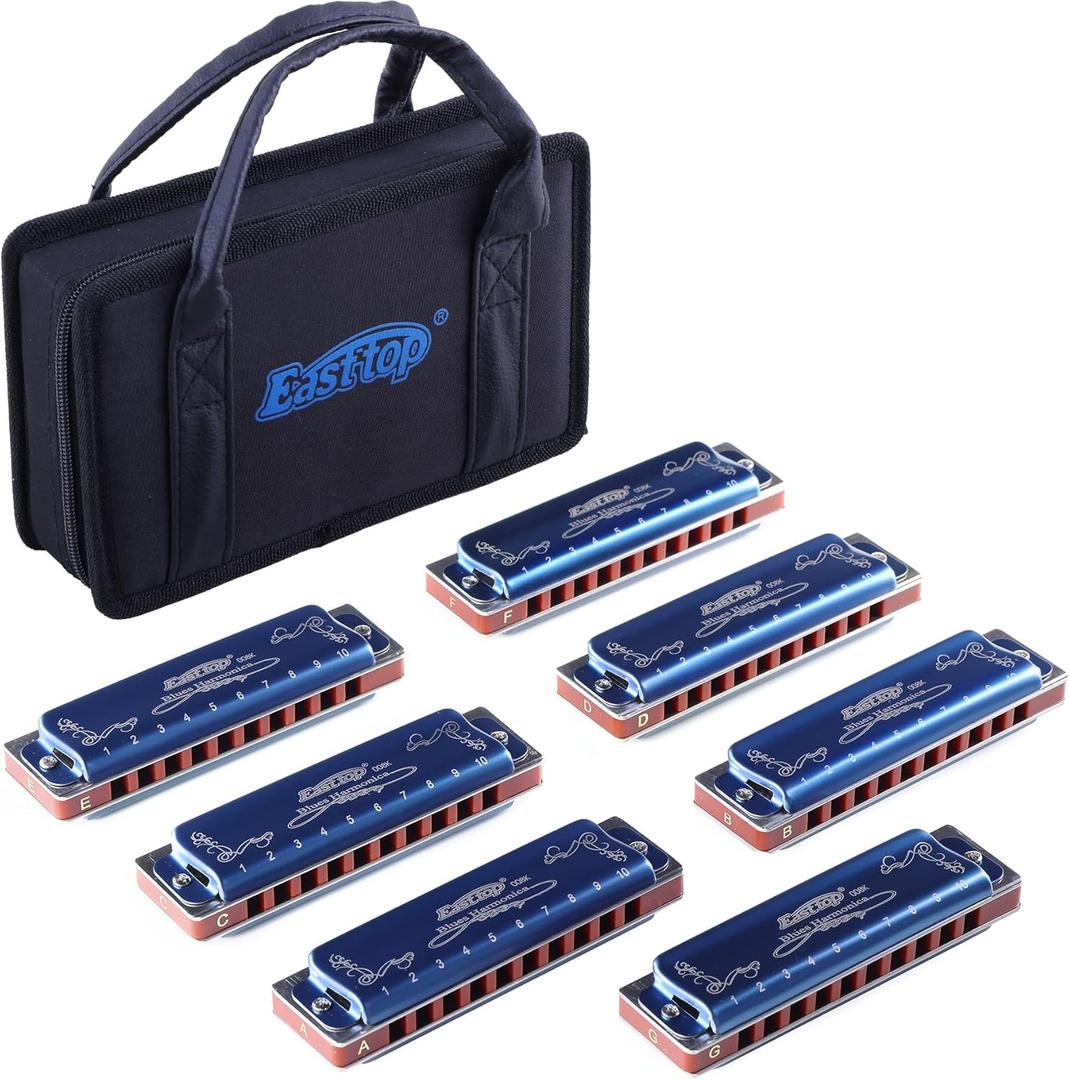 East top Harmonica Set of 7, 10 Holes Blues harp set 008K Diatonic Mouth Organ set of 7 with Blue Case for Beginners, Professionals and Students, as Gift(7)