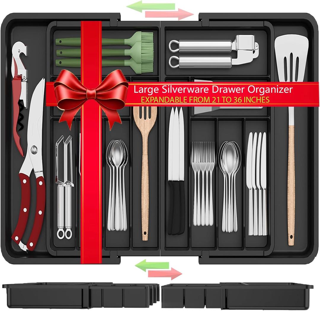 Large Silverware Drawer Organizer, Expandable From 21 to 36 Inches With 14 Slot, BPA Free Plastic Utensil Tray for Kitchen, Adjustable Flatware and Cutlery Holder for Spoons Forks Knives, Black