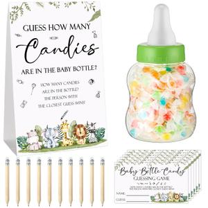 Roowest 62 Pcs Baby Shower Games Guess How Many Candies Are in the Jar Sign 50 Small Guessing Games 10 HB Pencils and 1000 ml Milk Bottle for Baby Shower Gender Reveal Party(Cute Color,Animal)