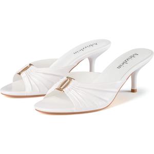 Adrizzlein Mule Heels for Women Peep Open Toe 2.7 IN Kitten Low Heels Ruched Mules Metal Slide Heeled Sandals Dress Shoes, White, Size 7.5