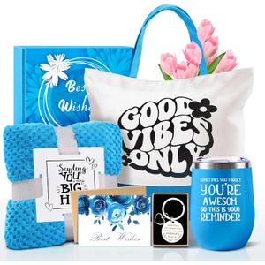 Teacher Nurse Employee Appreciation Gifts, Best Friend Birthday Gifts for Women, Blue Self Care Package Get Well Soon Gift Basket, Unique Mothers Day Gifts for Mom Wife Girlfriend Sister w Blanket