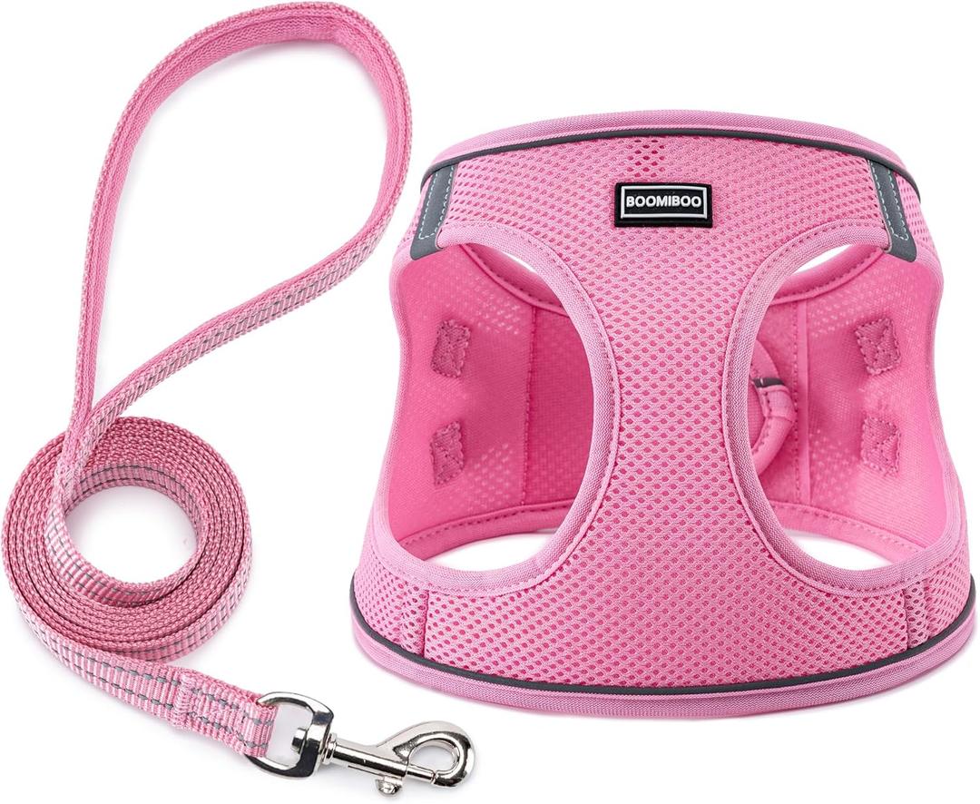 BOOMIBOO Dog Harness with Leash Set, No Pull Adjustable Reflective Step-in Puppy Pet Vest Harnesses for Dogs and Cats,Pink XXS (XXS (Chest:10"-12"))
