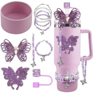 10PCS Accessories for Stanley Cup Tumbler Accessories 40&30oz, Diamond Butterfly Charms for Stanley Cup Including Straw Cover Topper Silicone Tumbler Boot Stickers Bracelets Handle Charm