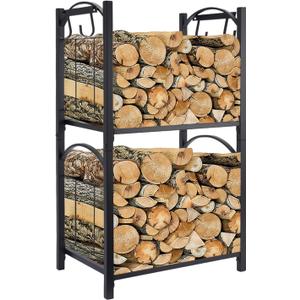 HOYWOUL Indoor Firewood Rack 1.3ft 2-Tier Firewood Holder with Hooks, Heavy Duty Fireplace Wood Storage, Adjustable Metal Log Racks for Stacker Stand for Outdoor Patio Deck Porch
