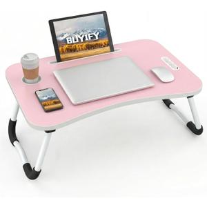 BUYIFY Folding Lap Desk, 23 Inch Portable Wood Blue Laptop Bed Desk Lap Desk with Cup Holder, for Working Reading Writing, Eating, Watching Movies for Bed Sofa Couch Floor -new008 Pink