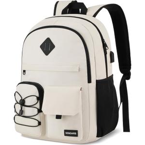 WINDARS School Backpack for Women, College Bookbag Teen Girls 15.6 Inch Laptop Bacpack Cute School Bag with USB Port for Students (Beige)
