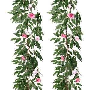 RECUTMS Artificial Hanging Willow Leaves Vine Twigs Whit Roses Flower 2Pc 5.7Ft Faux Ivy Plant Silk Green Leaf Rose Floral Garland Greenery Indoor Outdoor Wedding Jungle Birthday Party Garden Decor