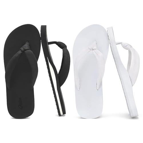 2PC Womens Thong Sandals Comfy Cushion Flip Flop Slip Resistant Lightweight for Shopping and Walking Black and All White Size 9.5