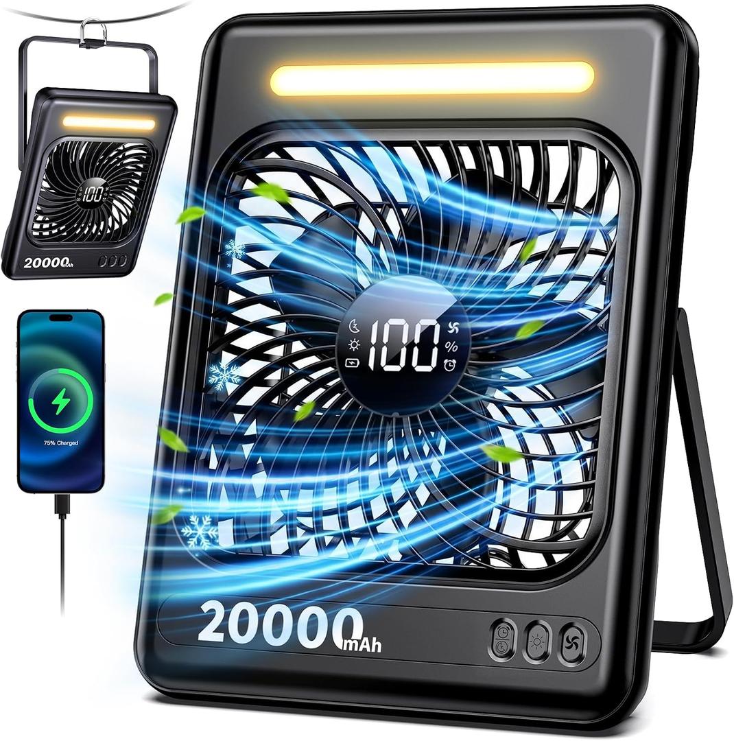 20000mAh Battery Powered Fan, Max 60H Runtime, Ultra-Slim Travel Fan, 5 Speeds Portable Rechargeable Fan with LED Lantern, 2/4/6/8 Timer Personal Camping Fan for Cruise Fishing Ship Tent Office Home, Mini