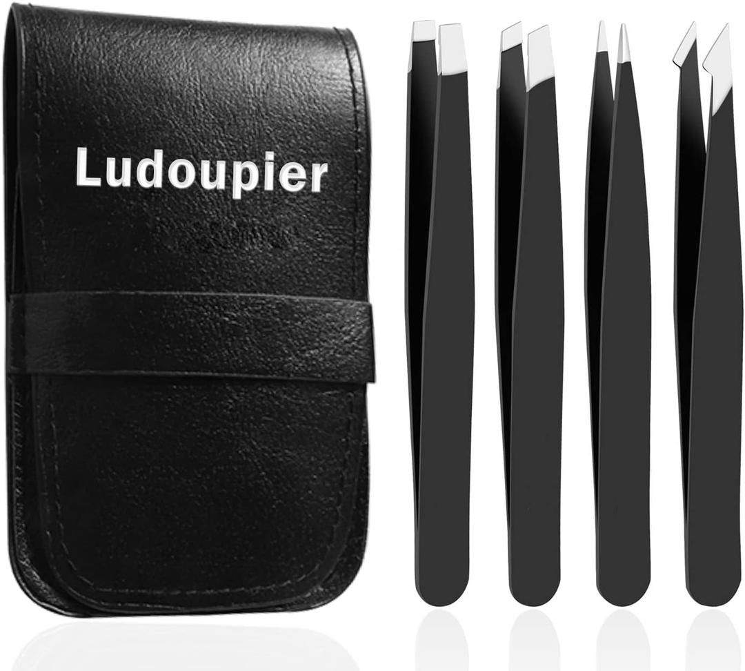 LUDOUPIER [4+1 Pieces] Tweezers Set with Travel Case, Great Precision Upgrade Professional Anti-rust Alloy Tweezers for Women & Men Multi-purpose as Eyebrows Facial Hair Ingrown Hair Removal