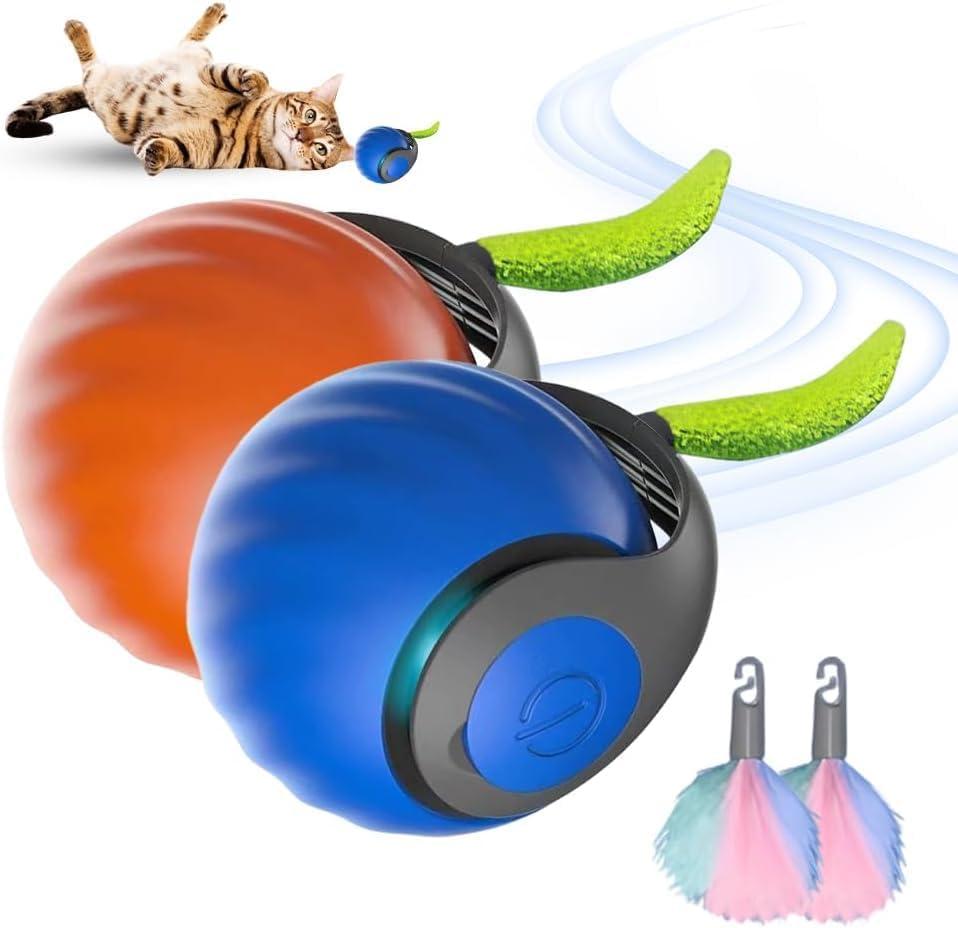 2 Pack Speedy Tail 2.0 Interactive Cat Toy, 2025 Smart Rolling Ball for Pets, Automatic Motion Plaything for Cats and Dogs, Self-Moving Orange & Blue Pet Play Ball