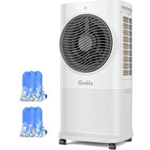 Grelife 3-in-1 Portable Air Conditioner, 400 Sq.Ft Evaporative Air Cooler with 1.72Gal Tank & 4 Ice Packs, 360 Oscillation, 30ft/s Wind Speed, 42dB Quiet, 8H Timer for Bedroom/Office/Home
