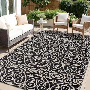 OLANLY Outdoor Rug Waterproof 5x8 ft Clearance, Reversible Outdoor Plastic Straw Rug with Floral Pattern, RV Mat for Patio, Camping, Balcony, Deck, Backyard, Black & Beige
