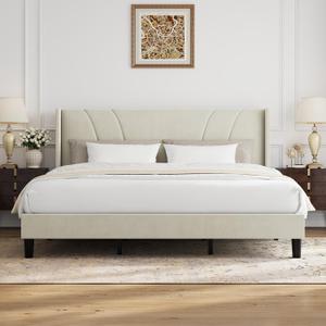 Novilla King Size Bed Frame, King Bed Frame with Headboard, Velvet Upholstered Wing Side Headboard, No Box Spring Needed, Heavy Duty Feet, Easy Assembly, White Velvet