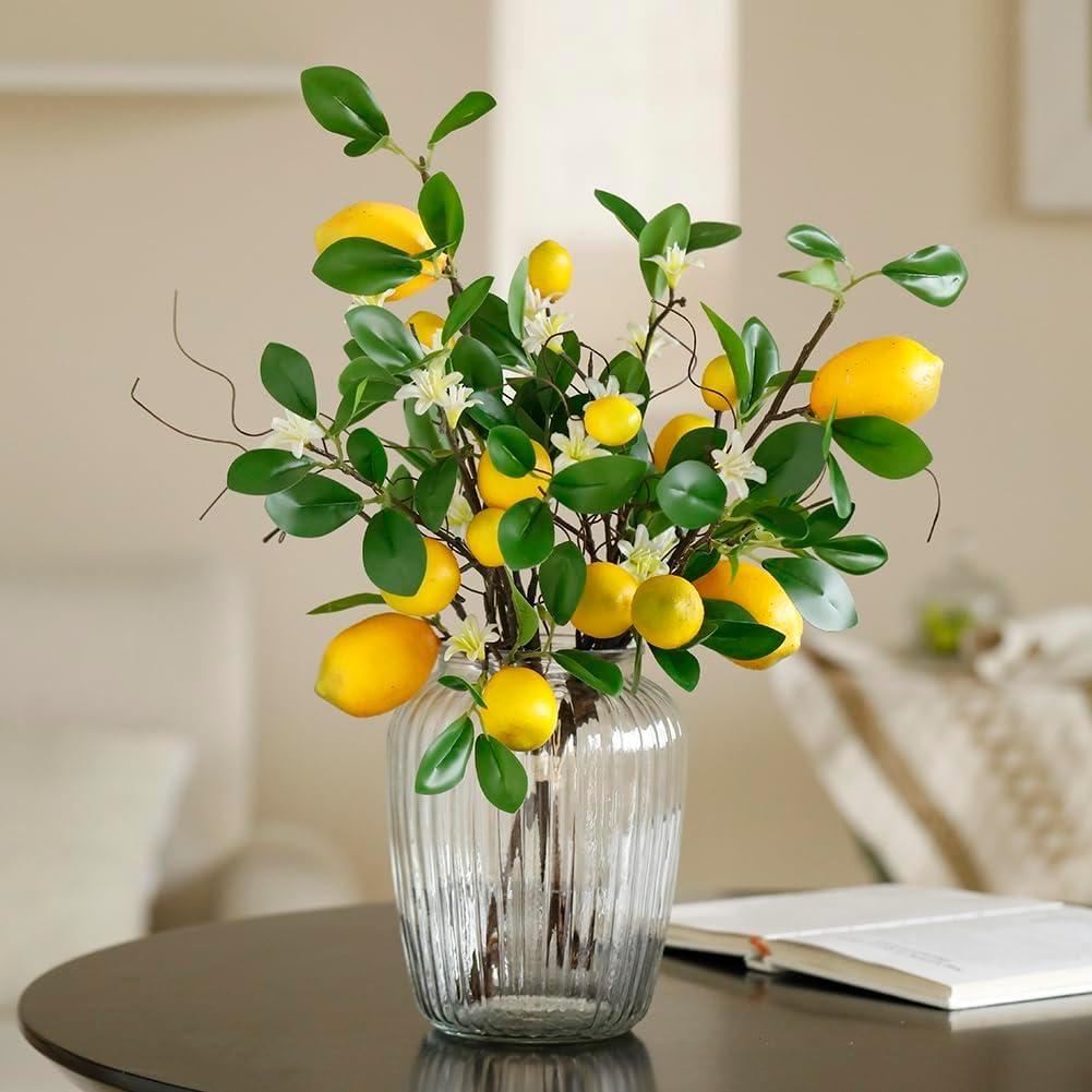 Laelfe 2 Bunches Artificial Lemons Branches Faux Lemons Fruit with Stem Fake Lemon Decoration for Kitchen Farmhouse Decor (Yellow)