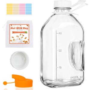 2 Quart (64 Oz) Glass Milk Bottle with Handle, Water Jug with Scale/Nut Milk Bag/Pour Spout/Airtight Lid, Reusable Carafe Container Pitcher for Milk, Tea, Juice, Coffee Beverage-1/2 Gal 1 Pack