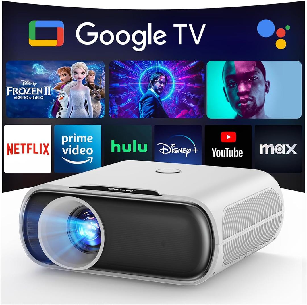 1500 ANSI Projector with WiFi and Bluetooth, Goiaey Smart Portable Projector Compatible with GoogIe TV, Built-in Official Apps, GoogIe Voice, DoIby Audio, HDMI ARC CEC Native 1080P Movie Projector (White)