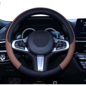 SHIAWASENA Car Steering Wheel Cover, Leather, Universal 15 Inch Fit, Anti-Slip & Odor-Free (Black&Brown)