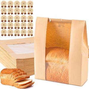 Paper Bread Bags 25PCS, Sourdough Bread Bags for Homemade Bread, Large Bakery Bags with Window Includes 25PCS Label Seal Stickers for Homemade Bread Storage(13.7x8.3x3.5 inch)