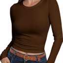 Roselux Womens Long Sleeve Stretch Crewneck Ribbed Knit Fitted Crop Top Casual Basic Shirts Brown (Medium)