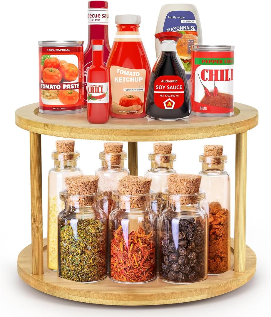 HomeMall Bamboo Lazy Susan Turntable Organizer, 2 Tier Lazy Susan Spice Rack Kitchen Turntable for Kitchen Countertop Cabinet Pantry Home Organization, 10''