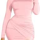 GOBLES Women's Long Sleeve Elegant Sexy Bodycon Ruched Mini Cocktail Dress (Pink, L)
