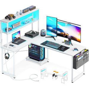 AODK L Shaped Desk Gaming Desk with LED Light & Power Outlet, 53 Inch Reversible L Shaped Computer Table with Shelf, Corner Desk with Storage Bag&Hook for Home Office Desk, White