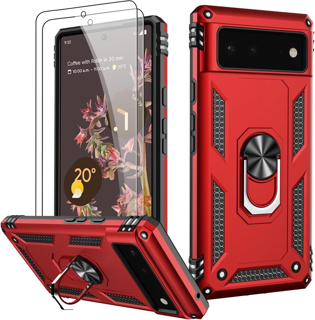 LUMARKE for Google Pixel 6 Case with Screen Protector,Pass 16ft. Drop Tested Military Grade Protective Phone Cover with Magnetic Ring Kickstand Compatible with Car Mount Holder Red