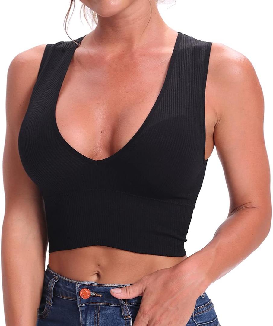 Women's Sexy Sleeveless Seamless Crop Top Deep Plunge V Neck Ribbed Tank Top with Removable Pads (XL)