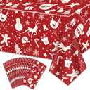 Christmas Tablecloths for Rectangle Table, 87x51'' Santa Claus Snowman Reindeer Snowflake Xmas Plastic Disposable Table Cover for Christmas Party Winter Events Decorations, Red, 12 Pack