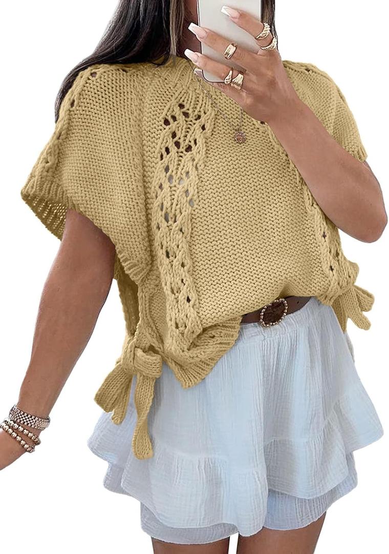 Saodimallsu Womens Summer Crochet Sweaters Batwing Cap Sleeve Cable Knit Crewneck Side Tie Casual Pullover Tops (Large, Khaki)