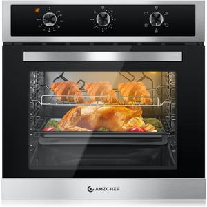 AMZCHEF 24" Single Wall Oven, 2.65 Cu.ft. Built-in Electric Wall Oven with 5 Cooking Functions, 360 ROTATING ROTISSERIE, 2200W, Mechanical Knobs Control, Timer, Stainless Steel Wall Oven for Kitchen