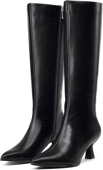 GENSHUO Knee High Boots Women Pointed Toe 2.3 Inches Kitten Heel Tall Boots Classic Fashionable Long Boots with Side Zipper Winter