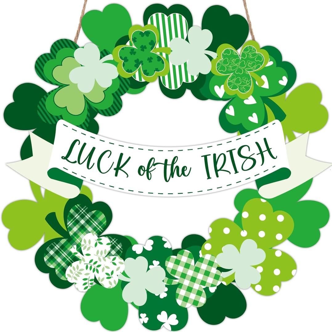 St Patricks Day Shamrock Door Sign Shamrock Wooden Wreath Green Clover Hanging Sign 3D Lucky Irish Ornament Wood Wreath for St. Patrick's Day Spring March Home Front Doors Wall Window Porch Decor