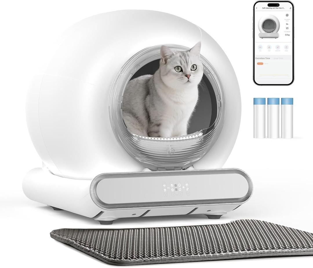 Self Cleaning Litter Box, Integrated Safety Automatic Cat Litter Box Self Cleaning 65L+9L for Multiple Cats, App Control, Odor Removal, Includes Mat & Liner (3 Rolls) - White