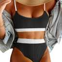 Lilosy High Waisted Tummy Control Ribbed Bikini Crop Top Brazilian Swimsuit Set 2 Piece (X-Large, Color Block Black)